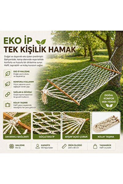 Mersi SHOP Tek Kişilik İp Hamak Ahşap Çıtalı Bahçe Balkon Kamp Hamağı 80 Kg T...