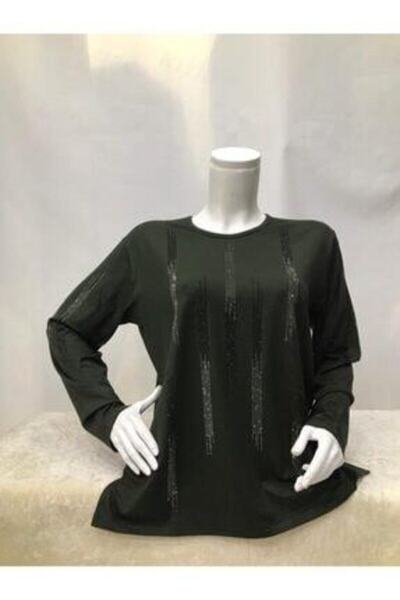 NACAR STYLİSH Anne Haki Yeşil Taşlı Penye Bluz
