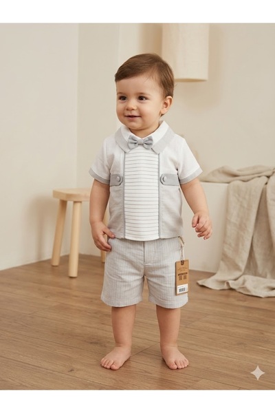Bebezade Baby Boy Bow Tie Linen Shorts Set Birthday and Wedding Stylish Suit