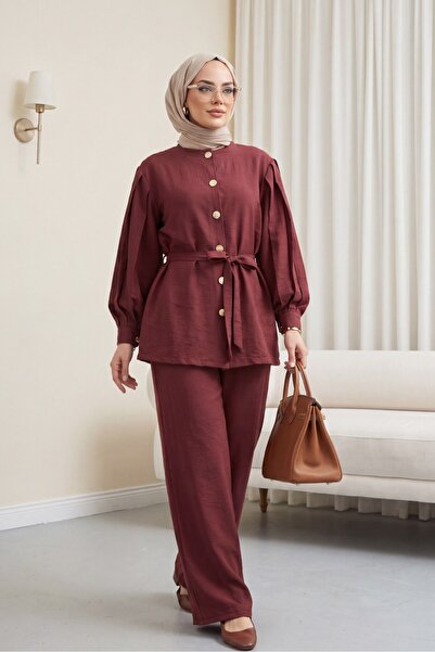 Modamorfo Lena Set with Watermelon Sleeves and Tie-Waist Pants - Plum