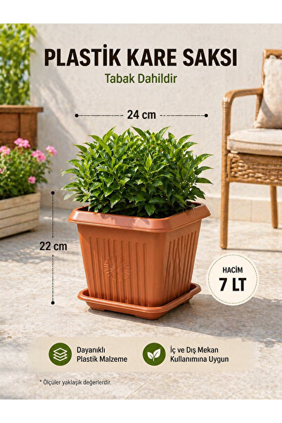 Binbirreyon 2 Adetli Kare Tabaklı Saksı Seti 7Lt 24x22cm Terracotta Kahverengi Plastik AH225