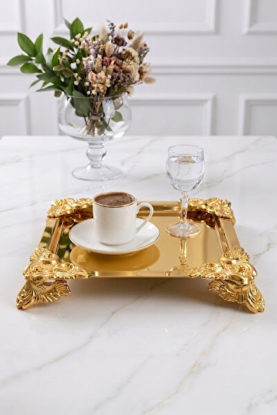 NESS HOME Square Gold Coffee Presentation Tray with Stand 22 cm