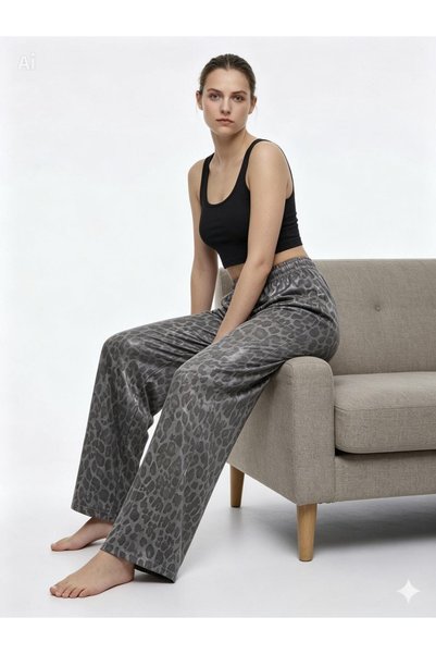 Royteks Fashion Women's Leopard Patterned Elastic Wide-Leg Shiny Stylish Stone Color Trousers