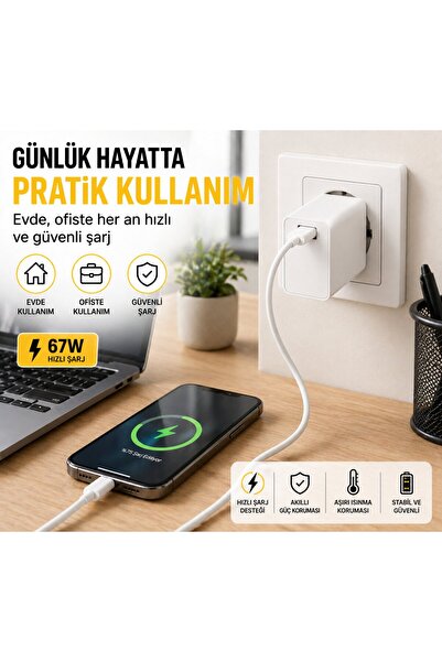 SMAYLİNG 67W Hızlı Şarj Adaptörü USB Çıkışlı Kablo Dahil Type-C Uyumlu Hızlı Şarj Cihazı Güvenli Şarj Başlığı