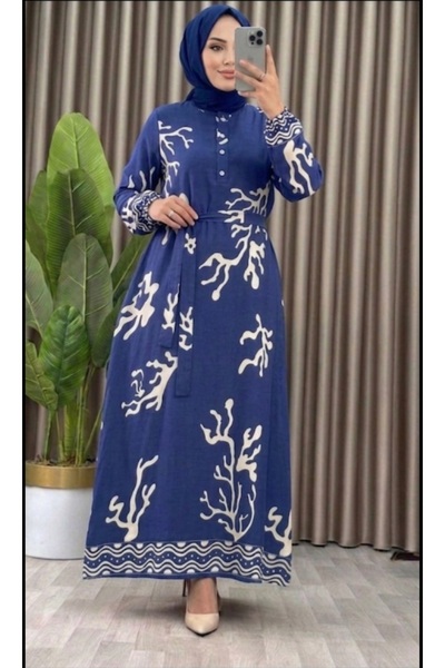 Dagü Design Women's Blue Hijab Dress with Mobile Belt and Half-Button Closure...