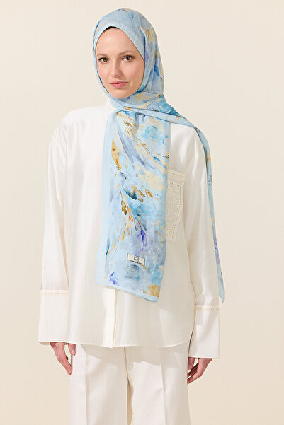 cs camellia scarf Σάλι από βαμβάκι βισκόζης σε στυλ ακουαρέλας - Μπλε