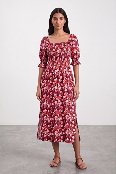 LAbute Square Neck Ribbed Detailed Slit Viscose Midi Dress