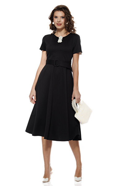 Fofy Rochie eleganta din vascoza neagra cu aplicatii florale sidefate detasabile