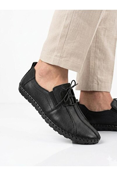 Lütfi Men's black genuine leather orthopedic sole summer shoes