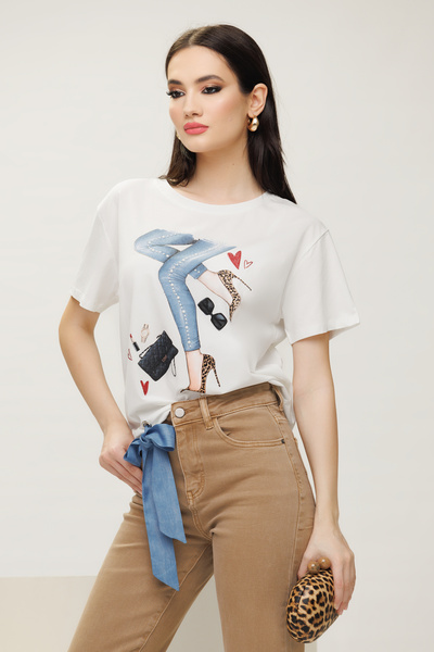 Fofy Tricou dama premium negru din bumbac alb cu imprimeu de blugi stilizati ...
