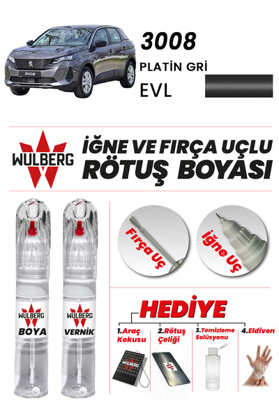 Wulberg Peugeot 3008 Platin Gri EVL Rötuş Boya 25 ml + Vernik İğne & Fırça Uç...