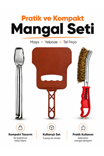 Kampavm 3 Parça Mangal Seti Maşa Yelpaze Tel Fırça Barbekü Seti