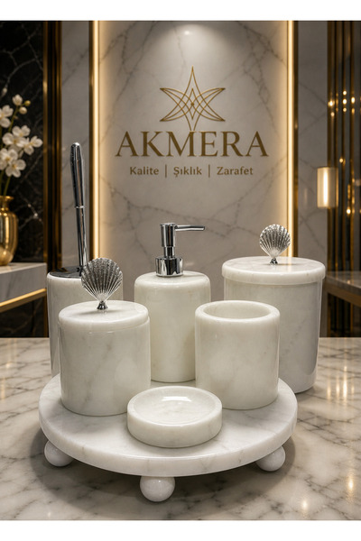 Akmera Home Mermer Top Ayaklı Standlı 7 Parça Lüks Banyo Seti