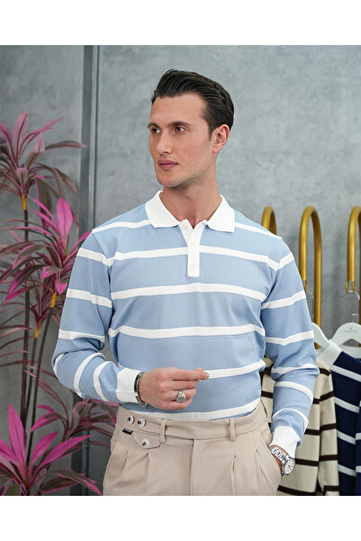 MODEFENDİ Cotton Lycra Slim Fit Knitted Horizontal Pattern Collar Stripe Deta...