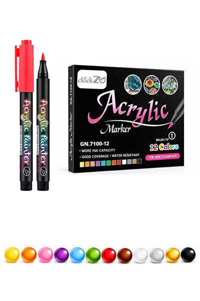 clickzu Acrylic markers 12 colors, brush type, waterproof, for drawing and DIY