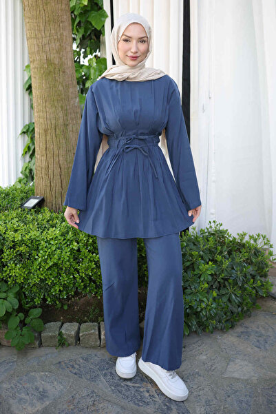 İmajButik Lacivert Bel Bağlamalı Tunik Pantolonlu Modal Takım