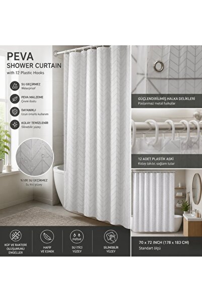 A&B PEVA Duş Perdesi | Su Geçirmez Banyo Perdesi | 12 Askılı
