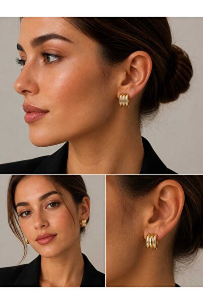 Modern 3’lü Halka Model Gold Kadın Küpe