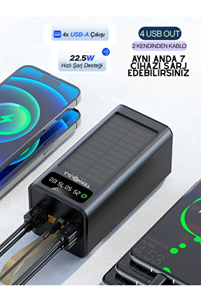 Teknoloji Gelsin 50.000 mAh Powerbank Güneş Enerjili Solar Hızlı Şarj Göstergeli El Feneri Taşınabilir Batarya 22.5W