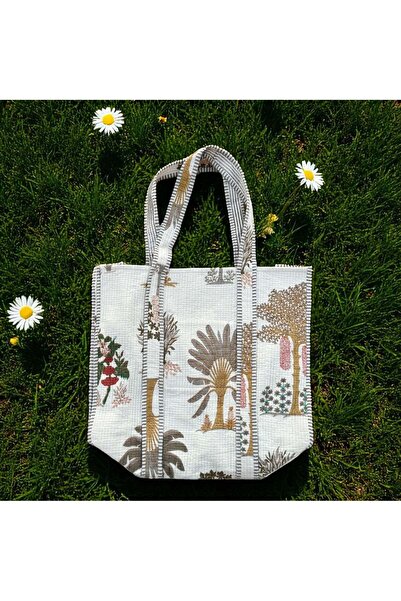 Tohfa Luxe Palm Tote Bag – Block Printed Cotton Handbag, Lightweight Quilted ...