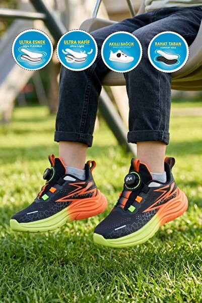 Marco Kids Siyah Turuncu Misina Bağcıklı Mekanizmalı Erkek Çocuk Spor Ayakkab...