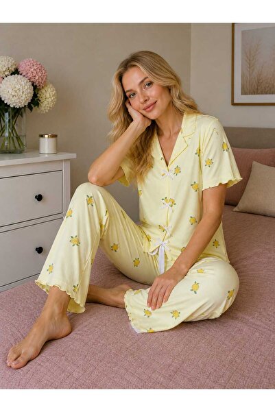 Esra Butik78 Milan Kumaş Yumuşak Dokulu Limon Baskılı Yazlık Pijama Takımı