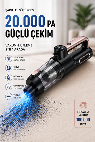 Seyoni Auhma AHV-43 Şarjlı El Süpürgesi - 20.000 Pa Yüksek Emiş Gücü, 6000mAh...