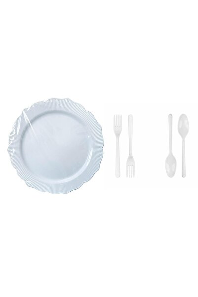 omeyva 26 Cm. Plastik Mika Beyaz Sorfa Piknik Seti - 24 Kişilik Tabak Çatal K...