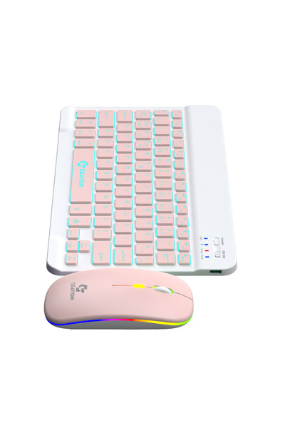Gravion KM-BT35 Işıklı Bluetooth Klavye Mouse Set Pembe LED Aydınlatmalı, Şarjlı Kablosuz Türkçe Q, Mini Sessiz Klavye Mouse Seti