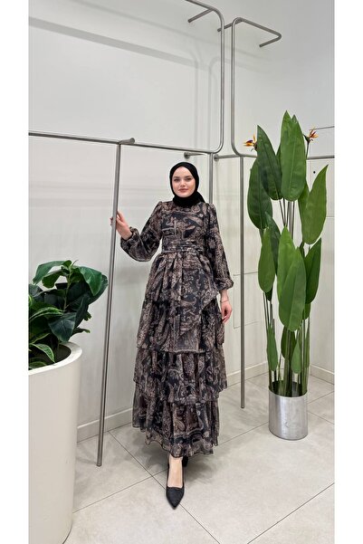 modayaselam Ethnic Patterned Layered Belted Chiffon Hijab Dress