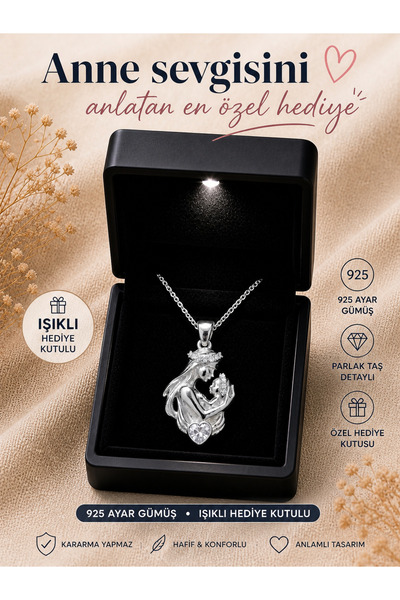 RAME 925 Ayar Gümüş Anne & Bebek Figürlü Kolye – Işıklı Hediye Kutulu Zarif T...