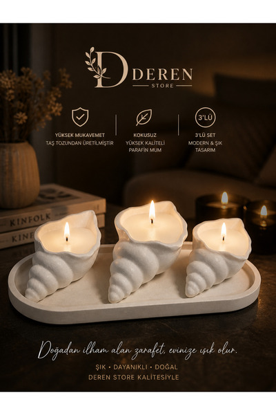 DEREN İstiridye mumluk 3 lü set kokusuz hediyelik ev dekor aksesuar Tv ünites...