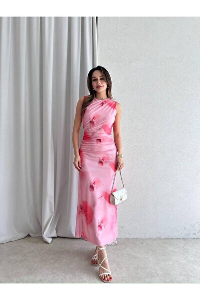 Klex Drapeli Desenli Maxi Elbise 5060
