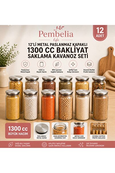 Kitchen Pembelia 12 Adet 1300cc Metal Vakum Kapaklı Cam Bakliyat Baharat Erza...