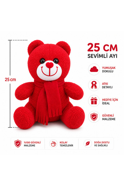 Kırmızı Atkılı Kırmızı Renkli Sevimli Romantik Yumuşak Ayıcık 25 Cm Dolgulu Ayı