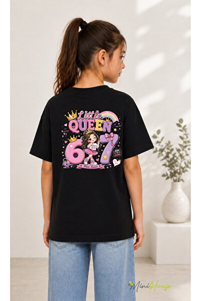 MiniHouse 67 SIX SEVEN LITTLE QUEEN تي شيرت كبير الحجم مطبوع من الأمام والخلف