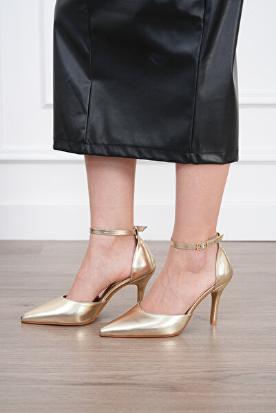 nuvilo gold altın 8.5 cm kemerli sivri burun stiletto ince topuklu kadın ayak...