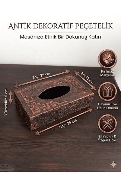 Art By Aslı Antik Bakır Görünümlü Dekoratif Peçetelik - Etnik Desenli Kırılma...