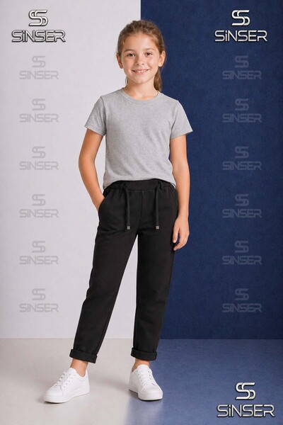 SS SİNSER Girls' Plain Trousers with Elastic Waist, Lycra, Folded Cuffs Style...