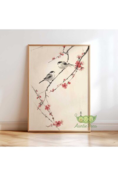 NinaStore Kiraz Çiçeği Kuş Duvar Sanatı - Japon Doğa Baskısı - Sumi Mürekkebi...