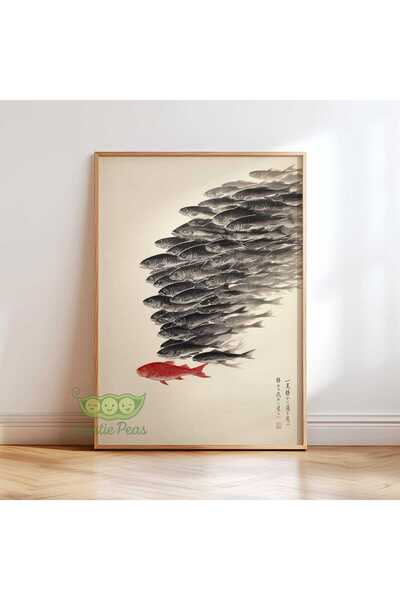 NinaStore Balık Sürüsü Duvar Sanatı - Japon Minimalist Baskı - Kırmızı Balık ...