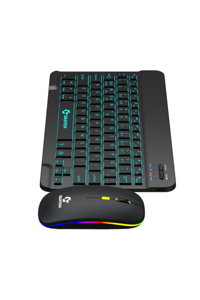 Gravion KM-BT35 Işıklı Bluetooth Klavye Mouse Set Siyah LED Aydınlatmalı, Şarjlı Kablosuz Türkçe Q, Mini Sessiz Klavye Mouse Seti