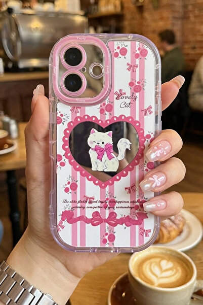 Nezih Case iPhone 16 Uyumlu Premium Pembe Kedi ve Fiyonk Desenli Aynalı Tasar...