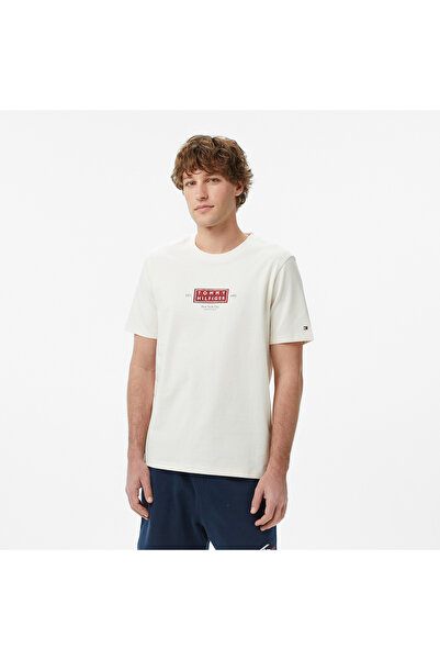 Tommy Hilfiger Erkek Normal Kesim Baskılı Pamuklu Kısa Kollu Krem T-Shirt