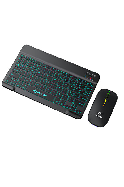 Gravion KM-BT35 Işıklı Bluetooth Klavye Mouse Set Siyah LED Aydınlatmalı, Şarjlı Kablosuz Türkçe Q, Mini Sessiz Klavye Mouse Seti