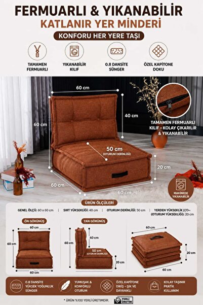 COLORMİX Fermuarlı Yıkanabilir Katlanır Çok Amaçlı Yer Minderi 60x60 cm Taşın...