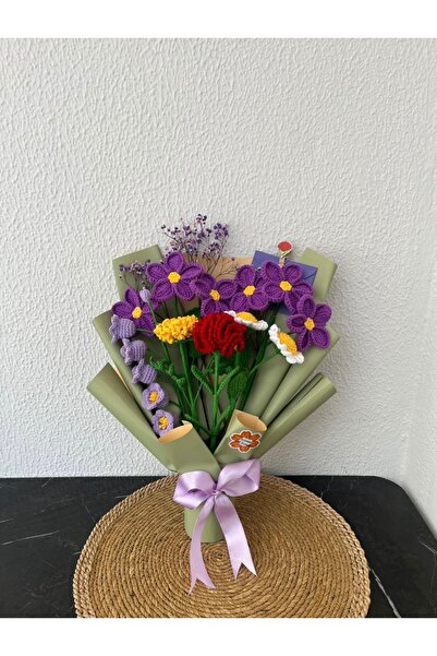Ahşap Evi Solmayan Çiçek Buketi Tasarım Örgü Çiçek Amigurumi Anneler Günü,Sev...