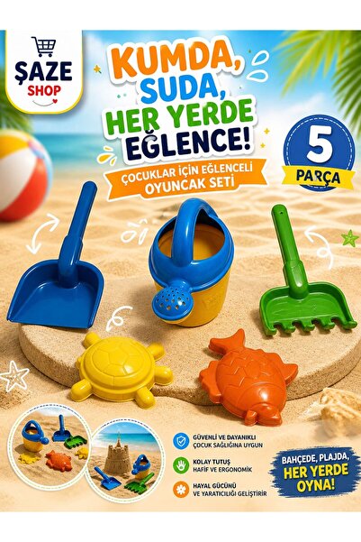 SAZE Çocuk Kum Oyuncak Seti 5 Parça – Kürek, Tırmık, Sulama Kabı ve Kum Kalıp...