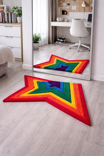 COLOSSEO El Yapımı Tafring Ayna Önü Halısı 70x35 cm – Renkli Yıldız Desenli M...