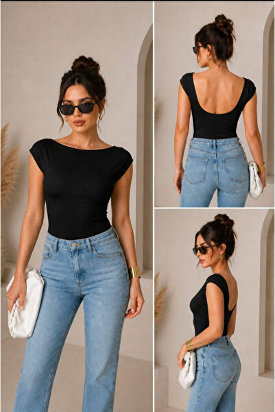 NAVO STUDIO Kadın Siyah Sırt Dekolteli Bluz Kayık Yaka Slim Fit Basic Kısa Ko...